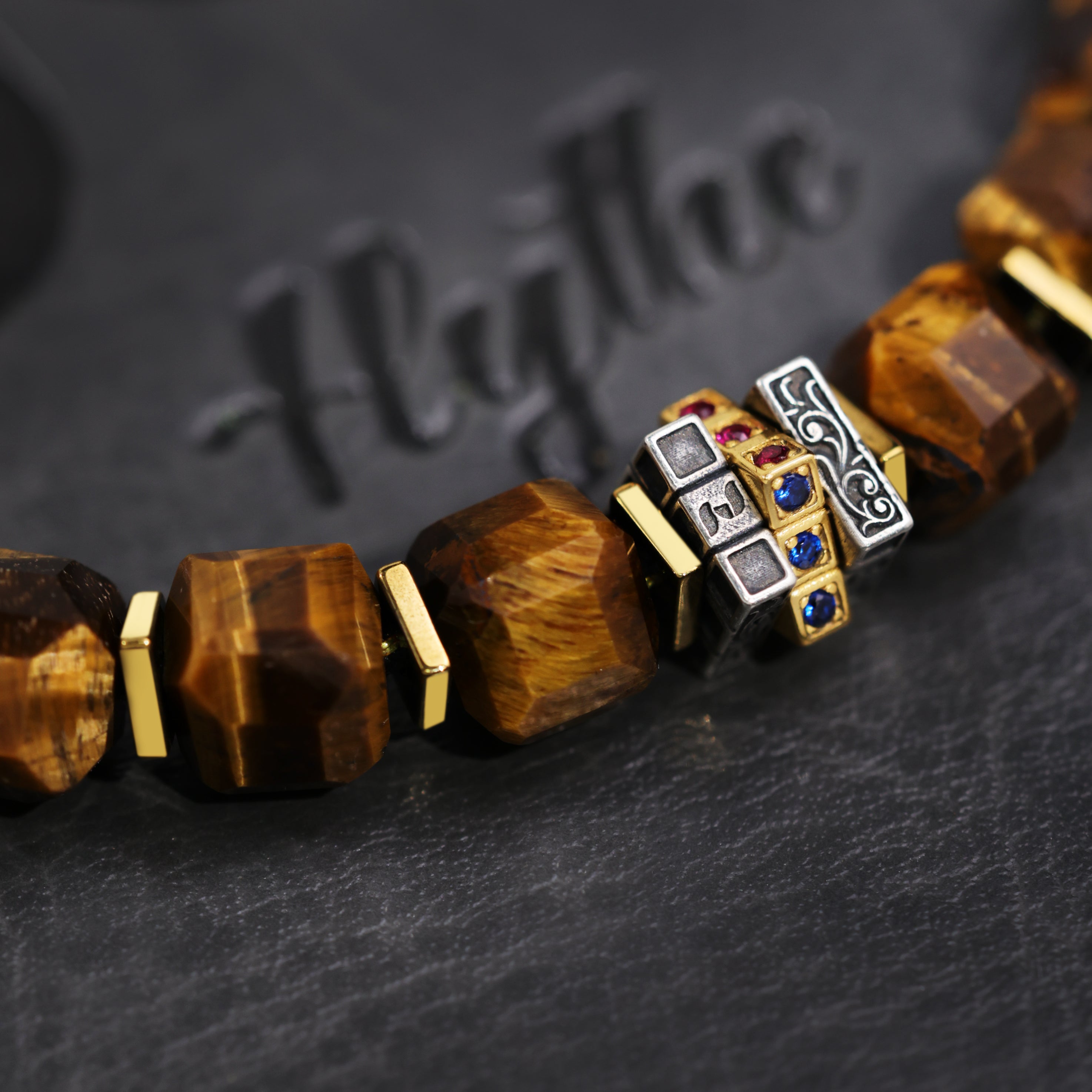 Artisan Engraved Men's Designer Tiger Eye Bracelet