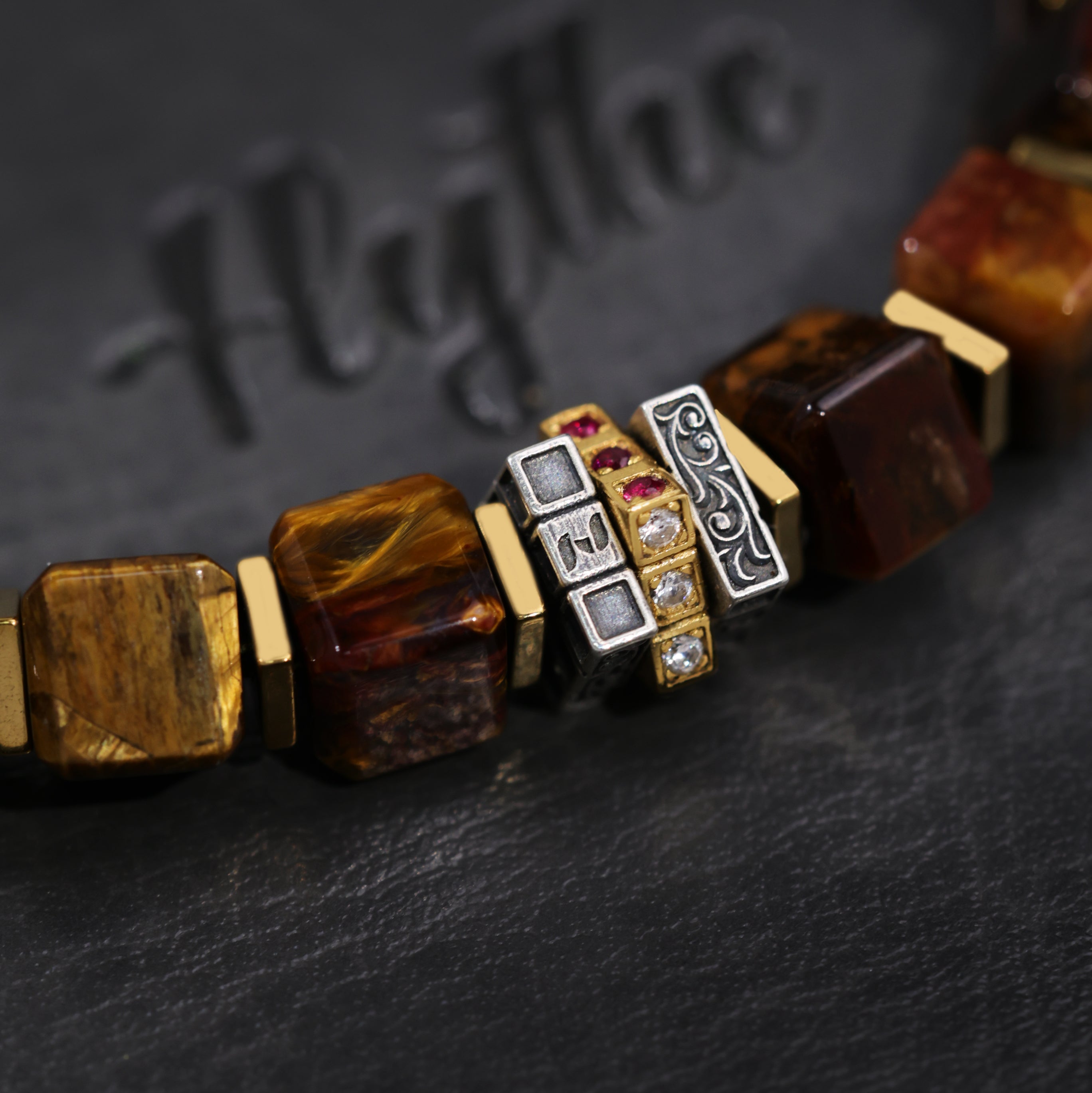 Vintage Engraved Men's Pietersite Bead Bracelet